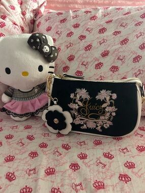 Juicy Couture Black Wristlet with Pink Floral Embroidery and Gold Script